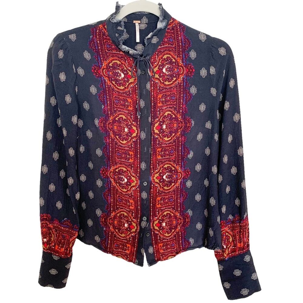 Free People Navy Wishing Well Border Button Down Top Small